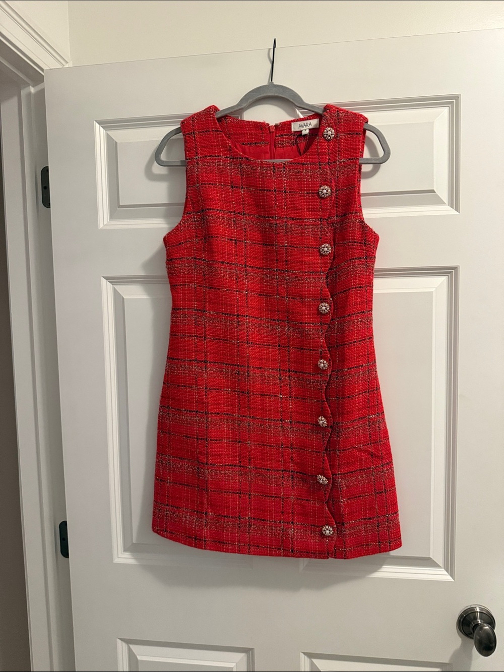 Red Tweed Button-Trim Sleeveless Shift Dress